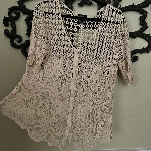 Questions by Say What Tops - QUESTIONS by Say What Crochet Lace Top - Tan / Beige Size Large